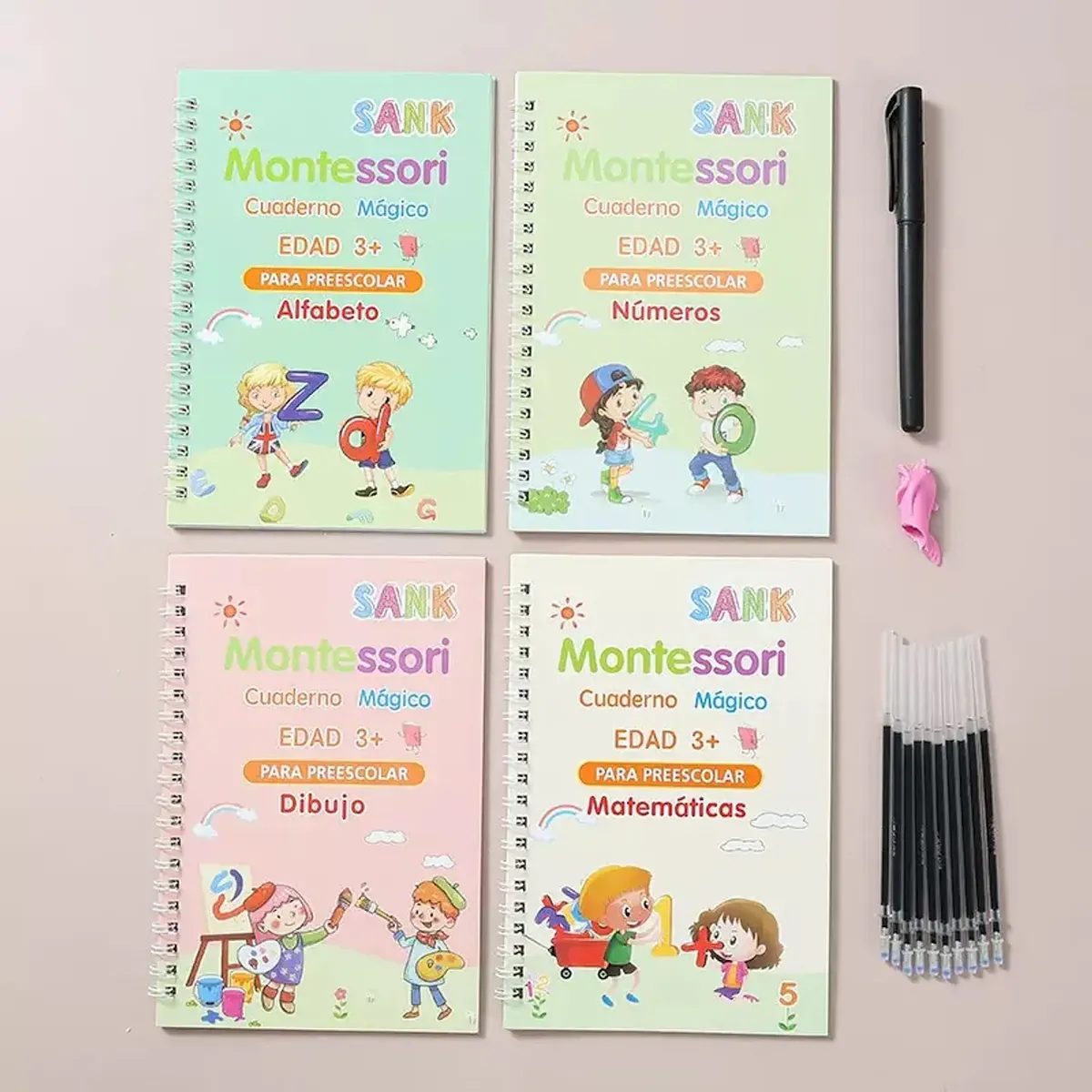 GENERICO - Pack 4 Cuadernos Mágico Aprendizaje Reutilizable Para Niños