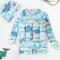 JUMP KIDS - Traje de Baño Enterito Con Flotador y Gorro Niño 2 Piezas 9 a 36 Meses Blue Sea