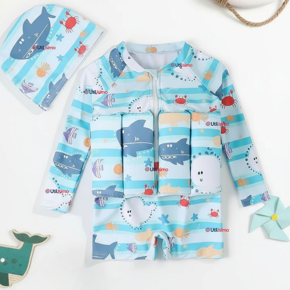 JUMP KIDS - Traje de Baño Enterito Con Flotador y Gorro Niño 2 Piezas 9 a 36 Meses Blue Sea