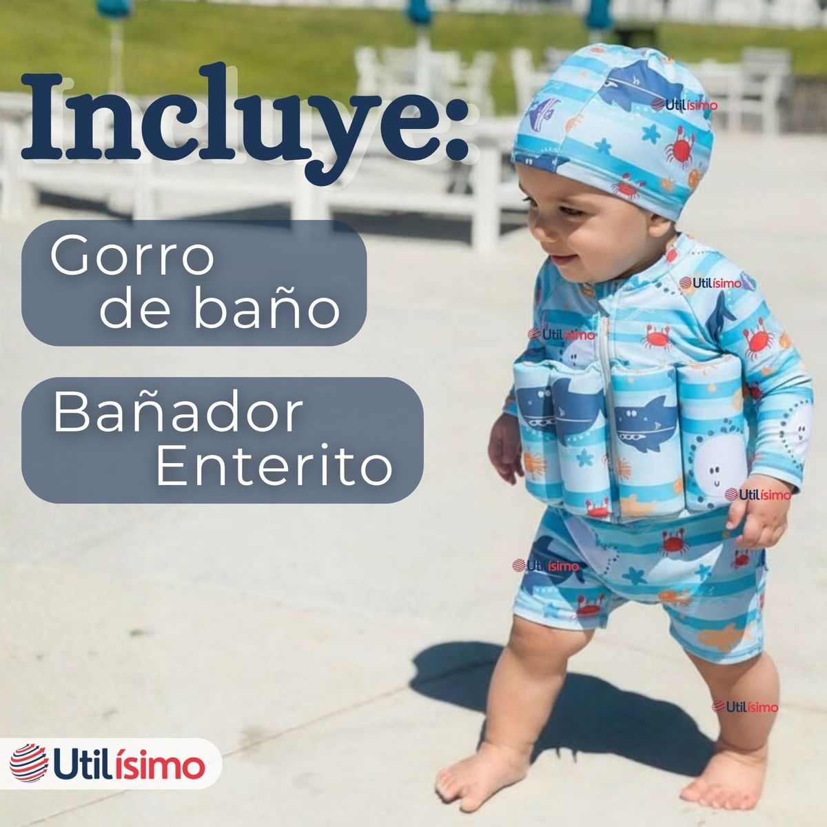 JUMP KIDS - Traje de Baño Enterito Con Flotador y Gorro Niño 2 Piezas 9 a 36 Meses Blue Sea