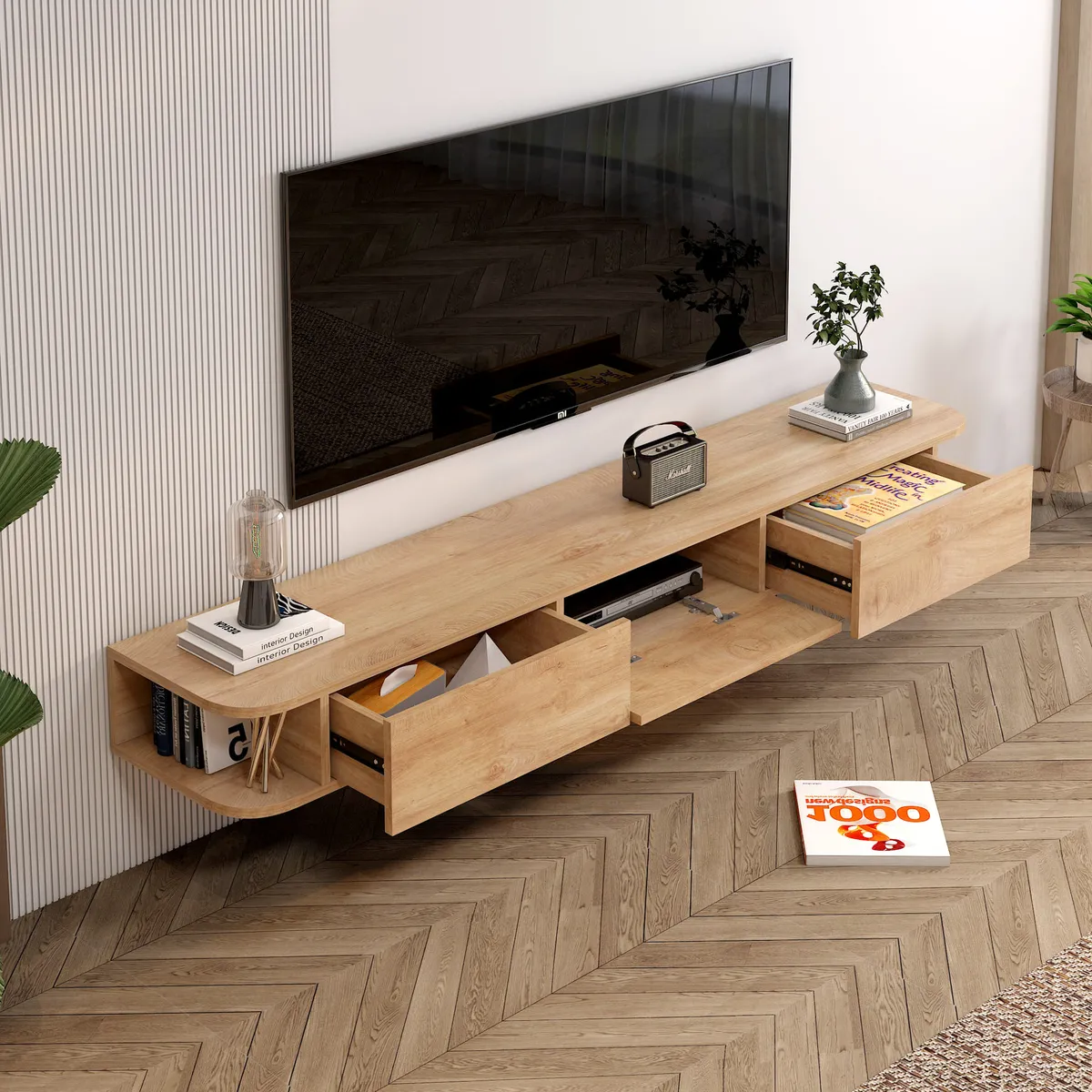 HOMER DESIGN - Rack Tv Flotante 160cm De Ancho 3 Puertas Hecho Melamina