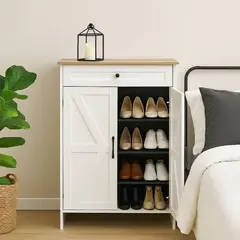 SPACE HOME - Armario Zapatero Nordico Color Madera Natural 22 Zapatos Blanco