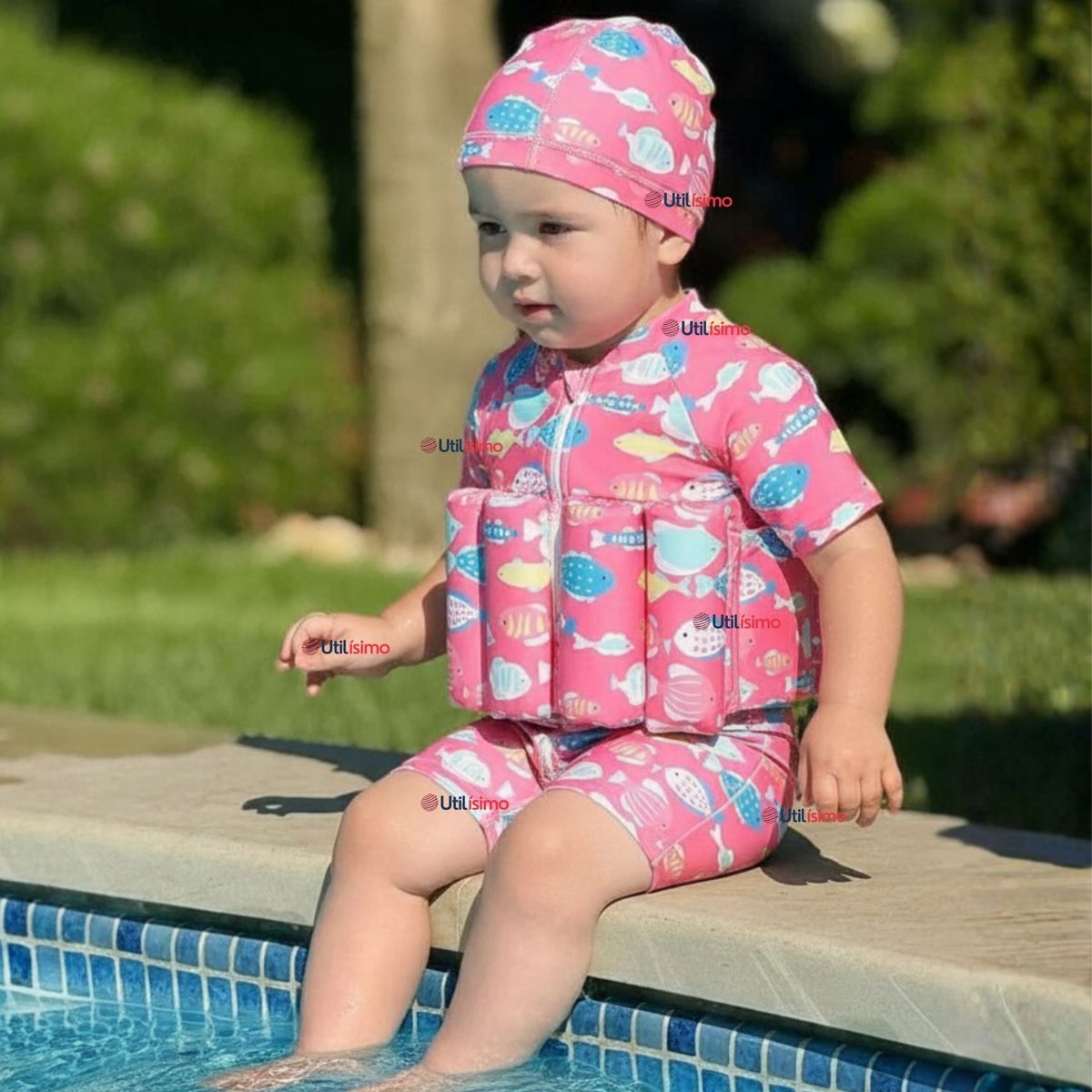 JUMP KIDS - Traje de Baño Flotador Enterito Con Gorro Niña 2 Piezas 9 a 36 Meses Pink Sea