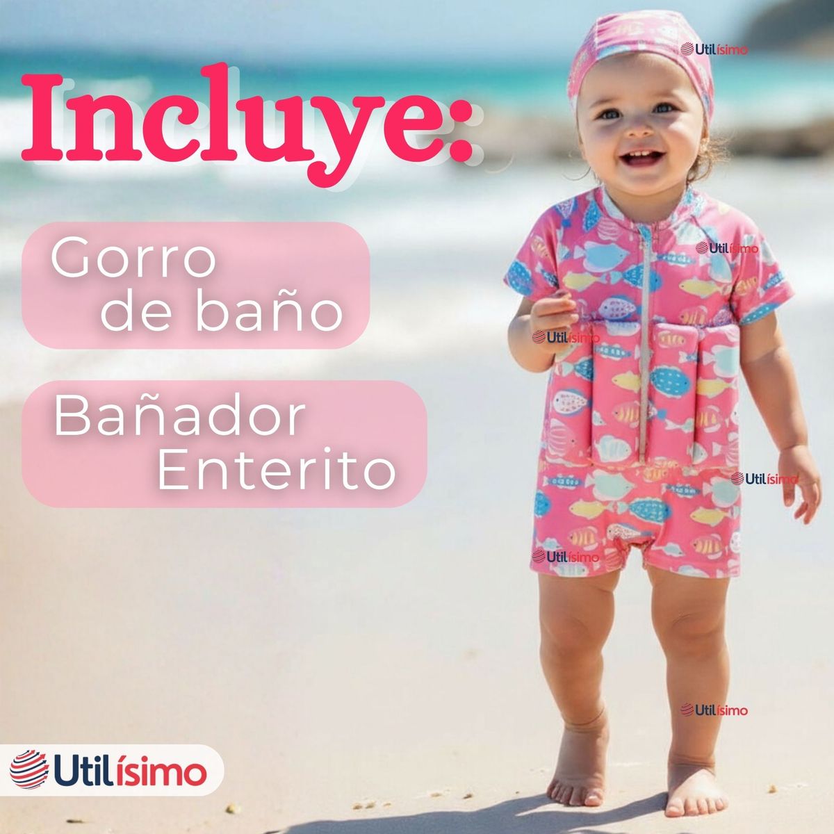 JUMP KIDS - Traje de Baño Flotador Enterito Con Gorro Niña 2 Piezas 9 a 36 Meses Pink Sea