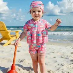 JUMP KIDS - Traje de Baño Flotador Enterito Con Gorro Niña 2 Piezas 9 a 36 Meses Pink Sea