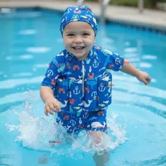 JUMP KIDS - Traje de Baño Flotador Enterito Con Gorro Niño 2 Piezas 9 a 36 Meses Blue Sea