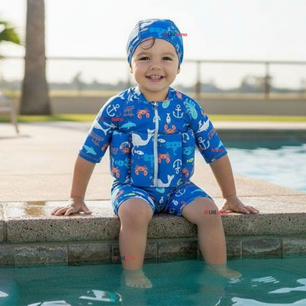 JUMP KIDS - Traje de Baño Flotador Enterito Con Gorro Niño 2 Piezas 9 a 36 Meses Blue Sea