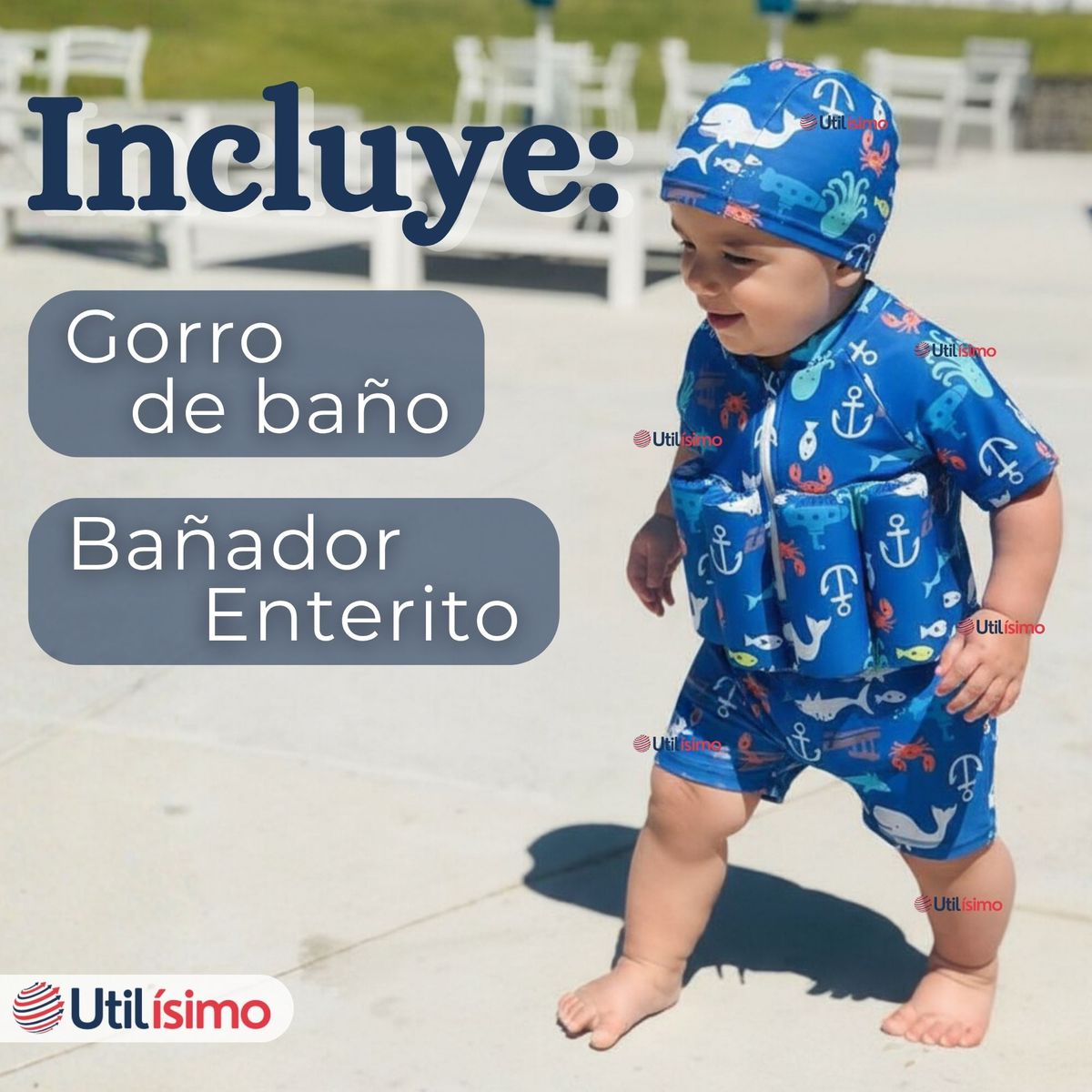 JUMP KIDS - Traje de Baño Flotador Enterito Con Gorro Niño 2 Piezas 9 a 36 Meses Blue Sea