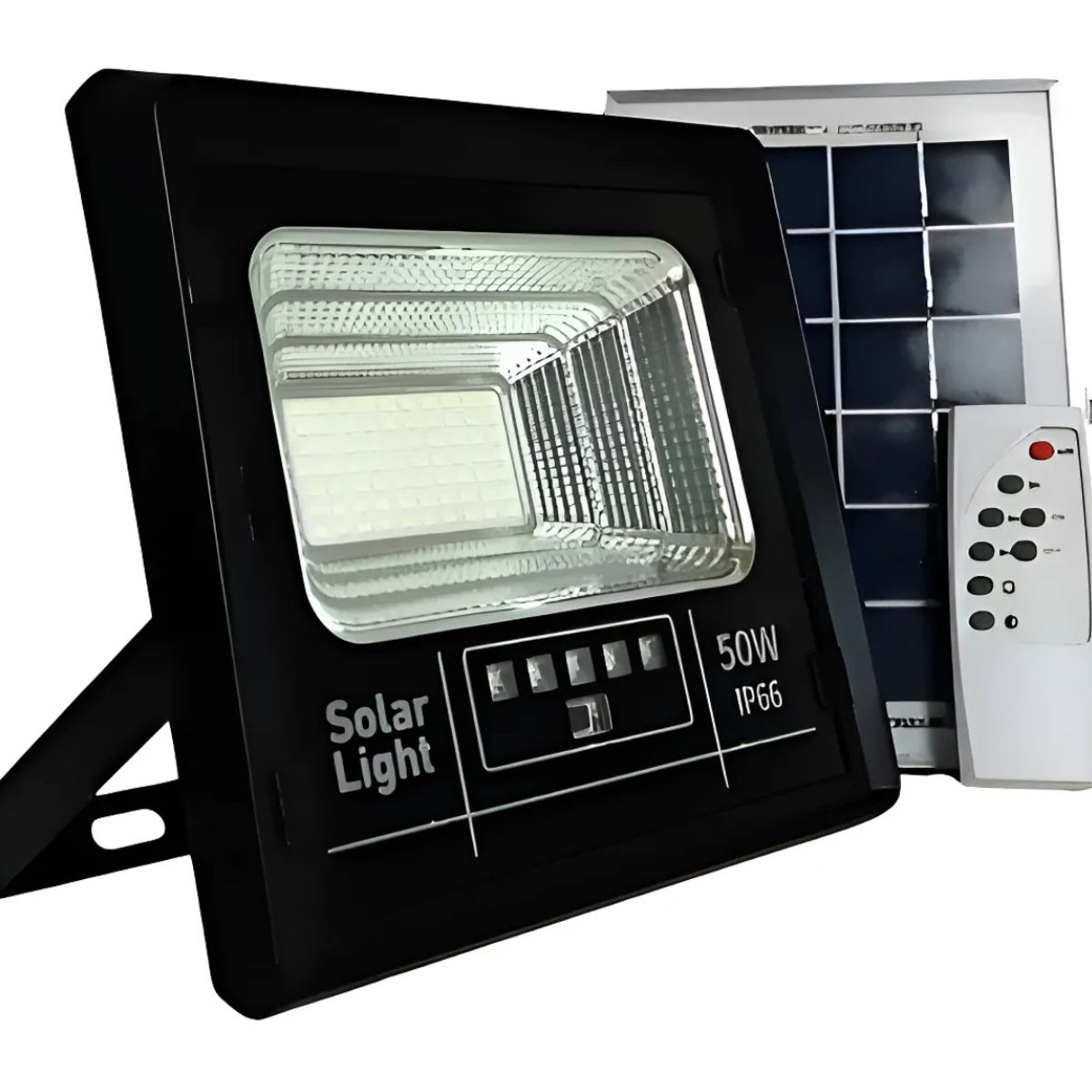 GENERICO - Foco Reflector Led Panel Solar 50w Ip66 + Control Remoto Negro Blanco Neutro