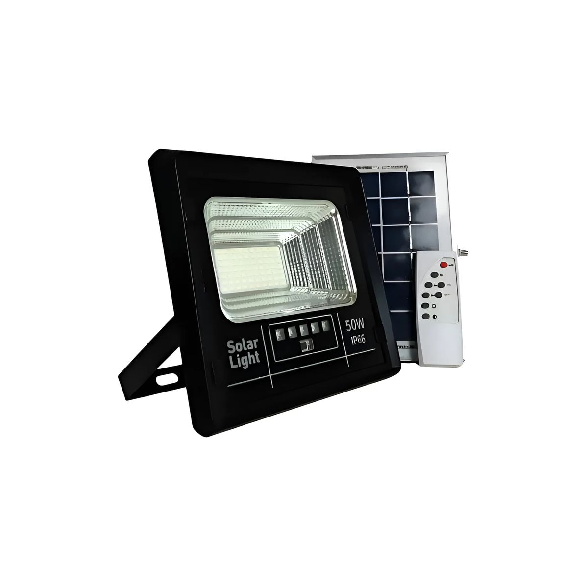 GENERICO - Foco Reflector Led Panel Solar 50w Ip66 + Control Remoto Negro Blanco Neutro