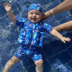 JUMP KIDS - Traje de Baño Flotador Enterito Con Gorro Niño 2 Piezas 9 a 36 Meses Blue Sea