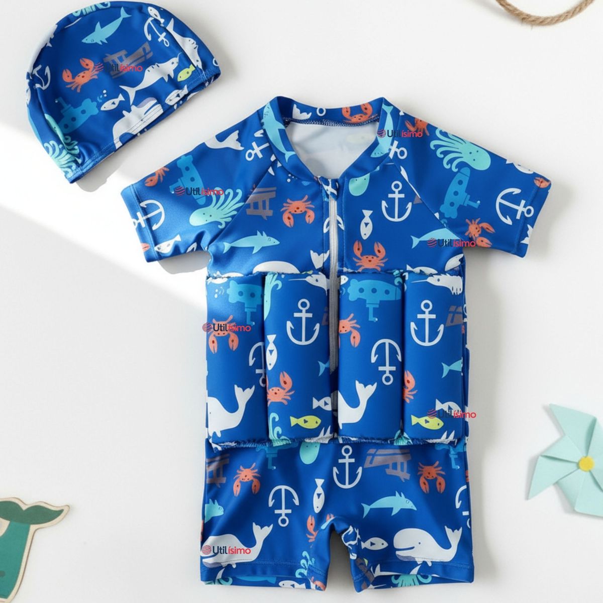 JUMP KIDS - Traje de Baño Flotador Enterito Con Gorro Niño 2 Piezas 9 a 36 Meses Blue Sea