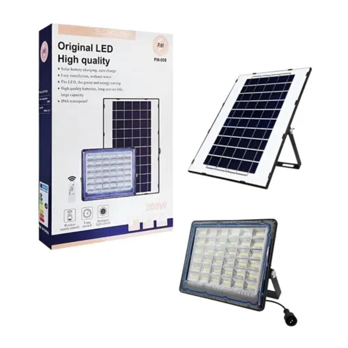 GENERICO - Foco Exterior Solar Led 200w Panel Separado Control Remoto Negro Blanco