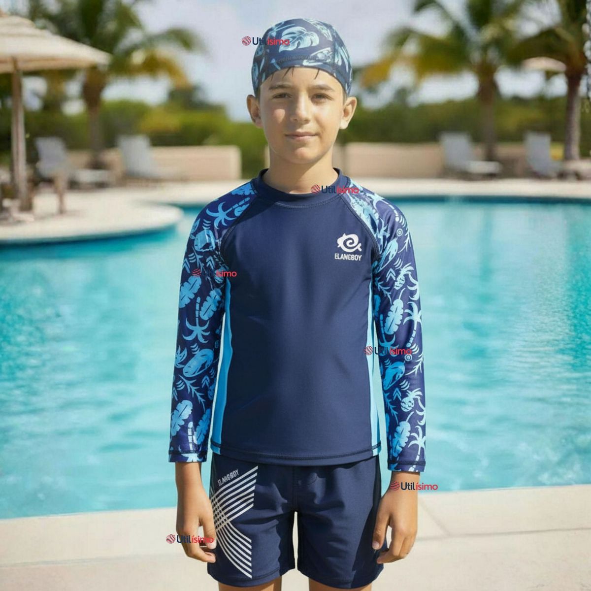 JUMP KIDS - Traje de Baño Con Gorro Pantalón Corto Manga Larga 3 Piezas Corte Split Niño 2 a 8 años Blue