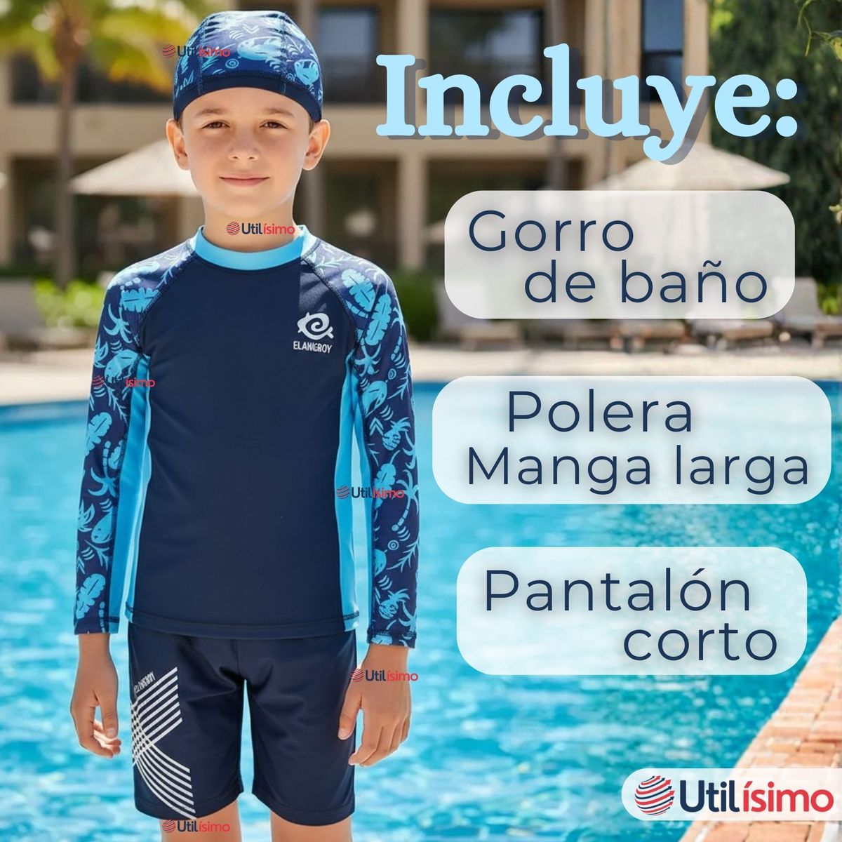 JUMP KIDS - Traje de Baño Con Gorro Pantalón Corto Manga Larga 3 Piezas Corte Split Niño 2 a 8 años Blue