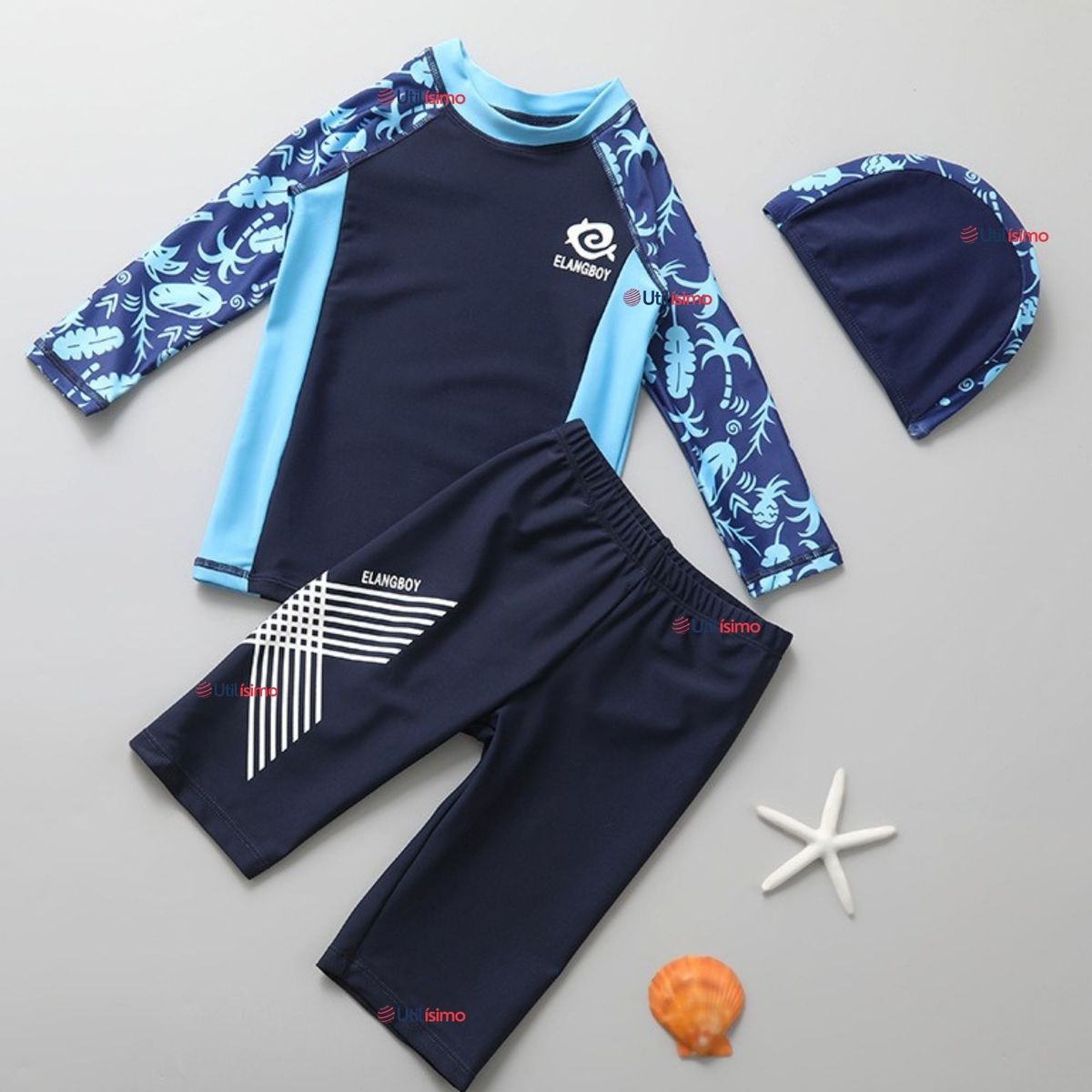 JUMP KIDS - Traje de Baño Con Gorro Pantalón Corto Manga Larga 3 Piezas Corte Split Niño 2 a 8 años Blue