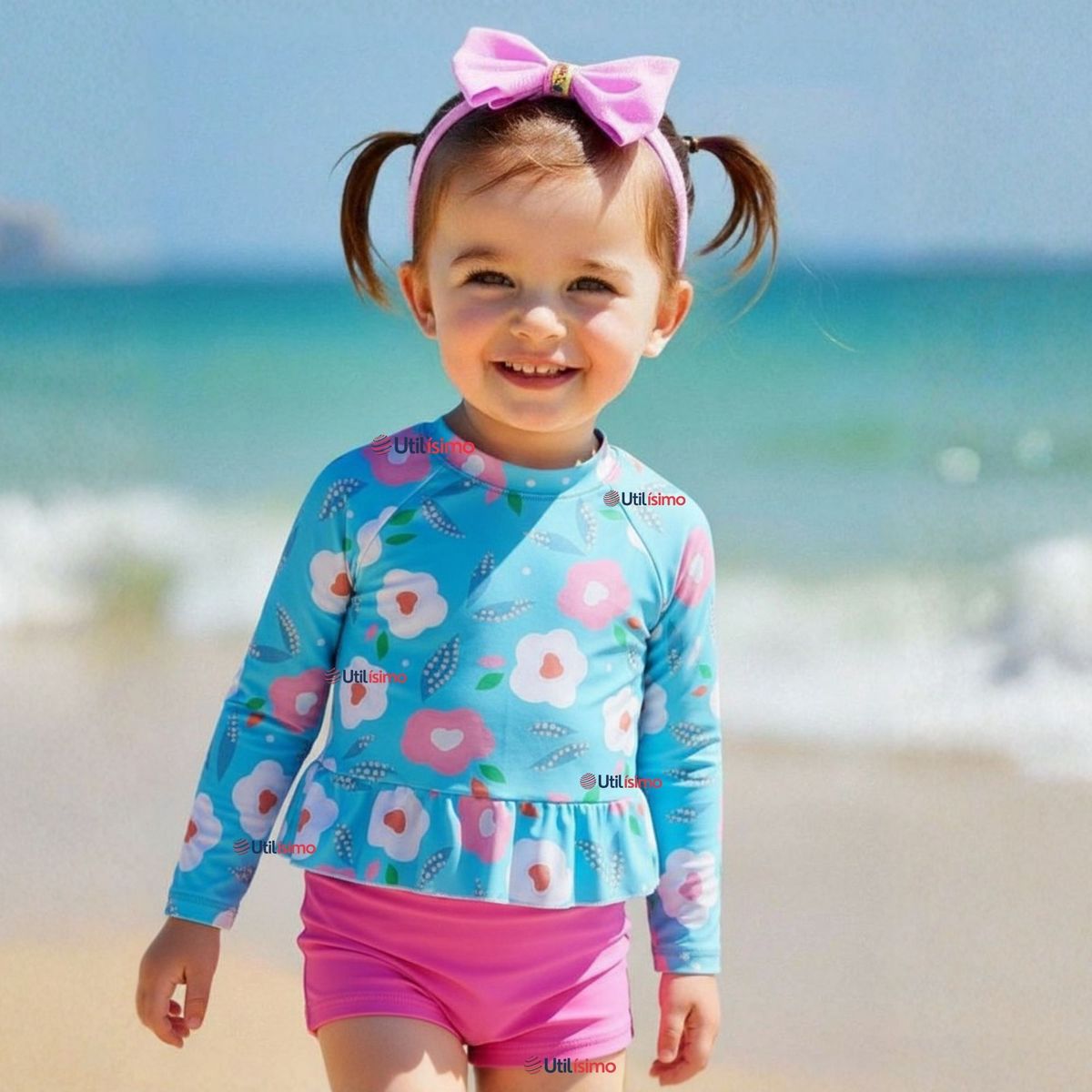 JUMP KIDS - Traje De Baño Polera Manga Larga y Pantalón Corto 2 Piezas Niña de 2 a 7 años Flowers