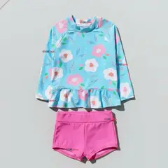 JUMP KIDS - Traje De Baño Polera Manga Larga y Pantalón Corto 2 Piezas Niña de 2 a 7 años Flowers