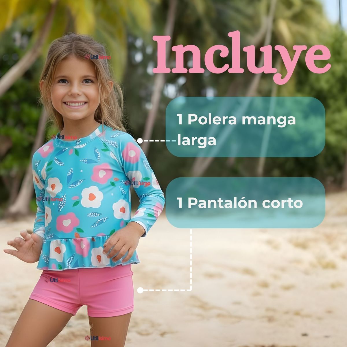 JUMP KIDS - Traje De Baño Polera Manga Larga y Pantalón Corto 2 Piezas Niña de 2 a 7 años Flowers