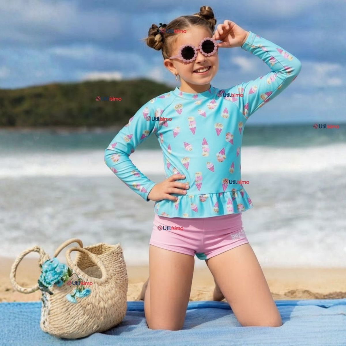 JUMP KIDS - Traje De Baño Manga Larga y Pantalón Corto 2 Piezas Niña de 2 a 7 años Sweet Ice Creams