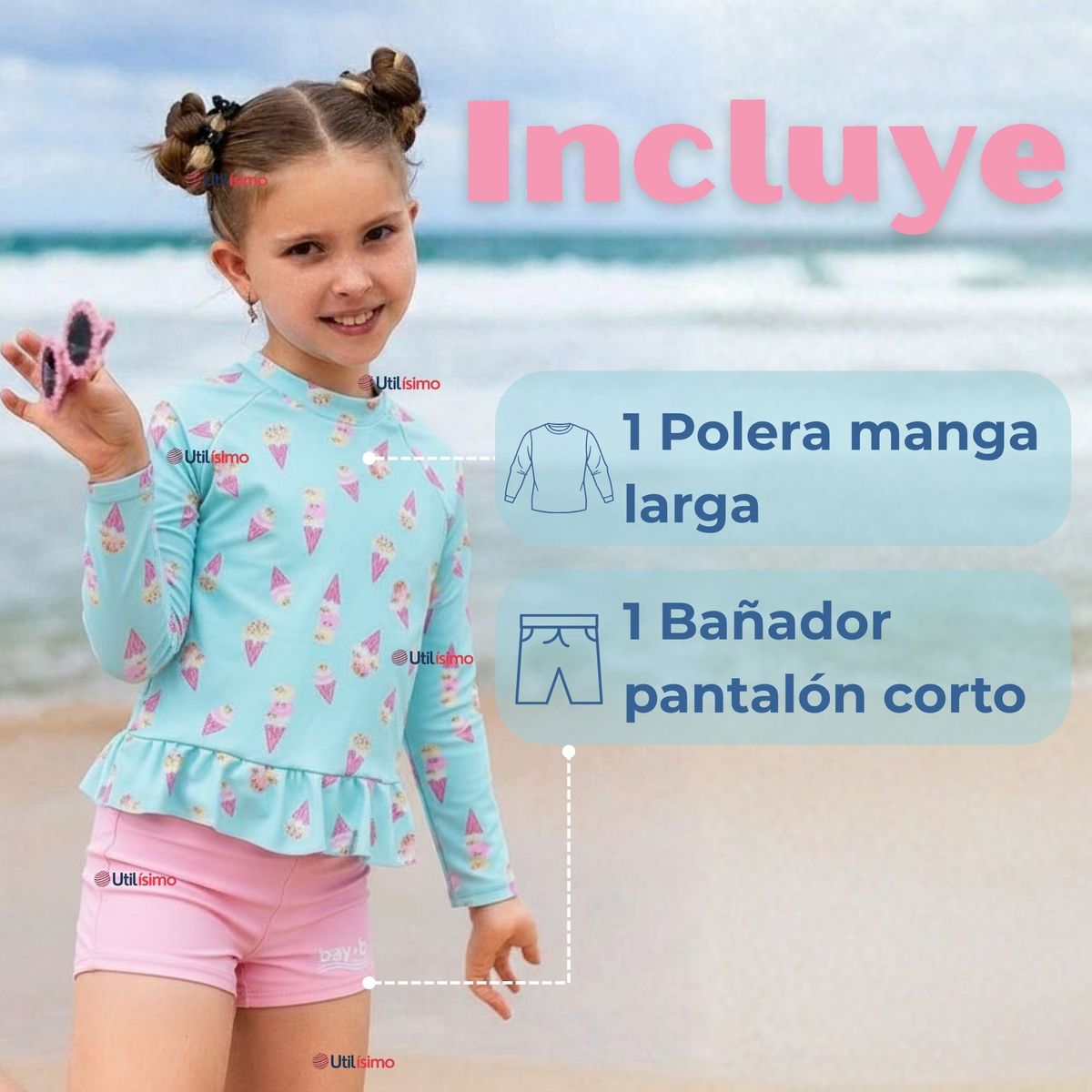 JUMP KIDS - Traje De Baño Manga Larga y Pantalón Corto 2 Piezas Niña de 2 a 7 años Sweet Ice Creams