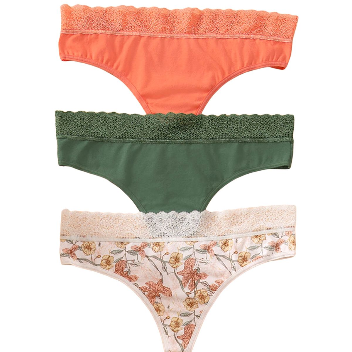 LEONISA - Leonisa Brasileras paquete x3 en algodón elástico con detalle en encaje 12971X3 Naranja / Estampado Flores / Verde