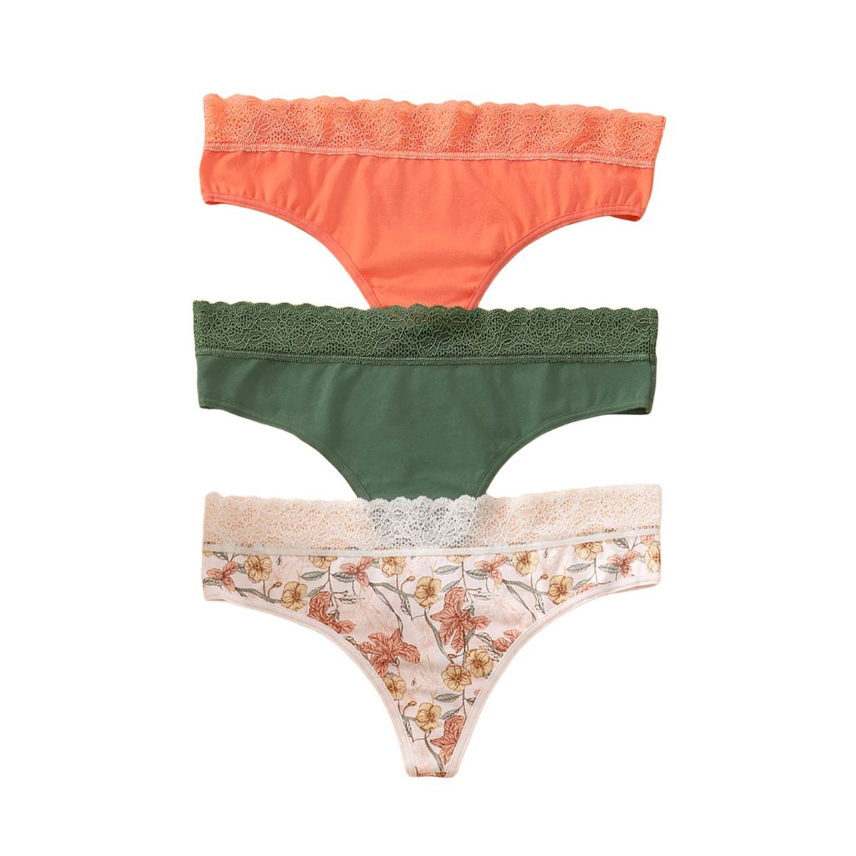 LEONISA - Leonisa Brasileras paquete x3 en algodón elástico con detalle en encaje 12971X3 Naranja / Estampado Flores / Verde