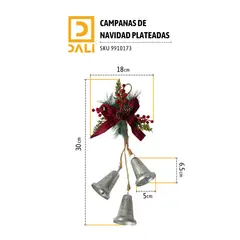 GENERICO - Campanas Navideñas Plateadas Adornos Decorativos en PVC Brillante para Árbol o Puertas