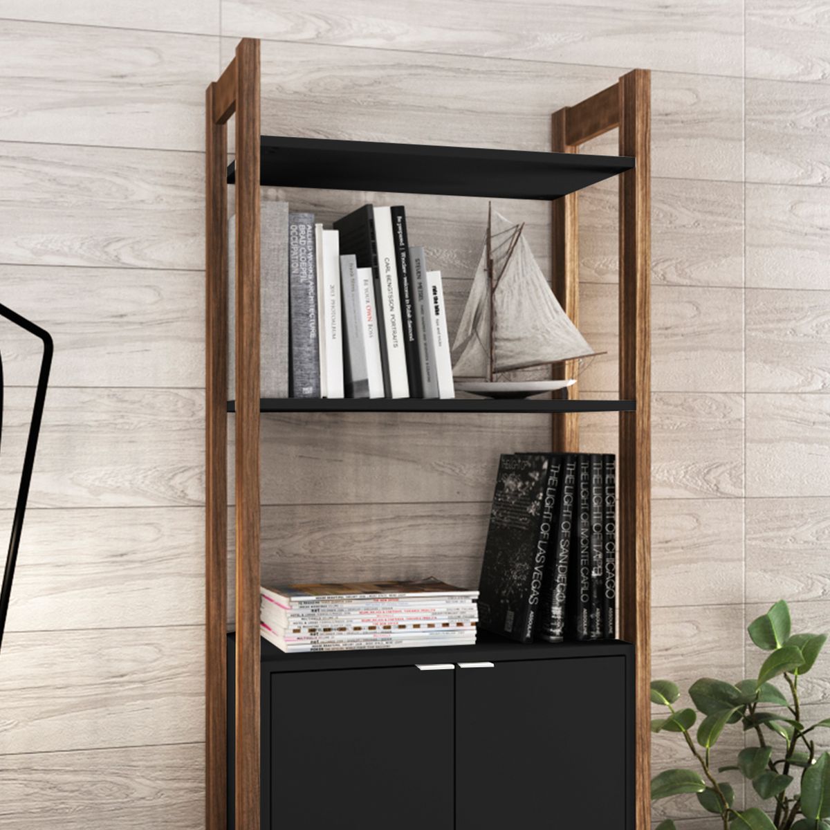 TECNOMOBILI - Estante 3 Niveles 2 puertas 65x165.5x35 cm Negro / Nogal