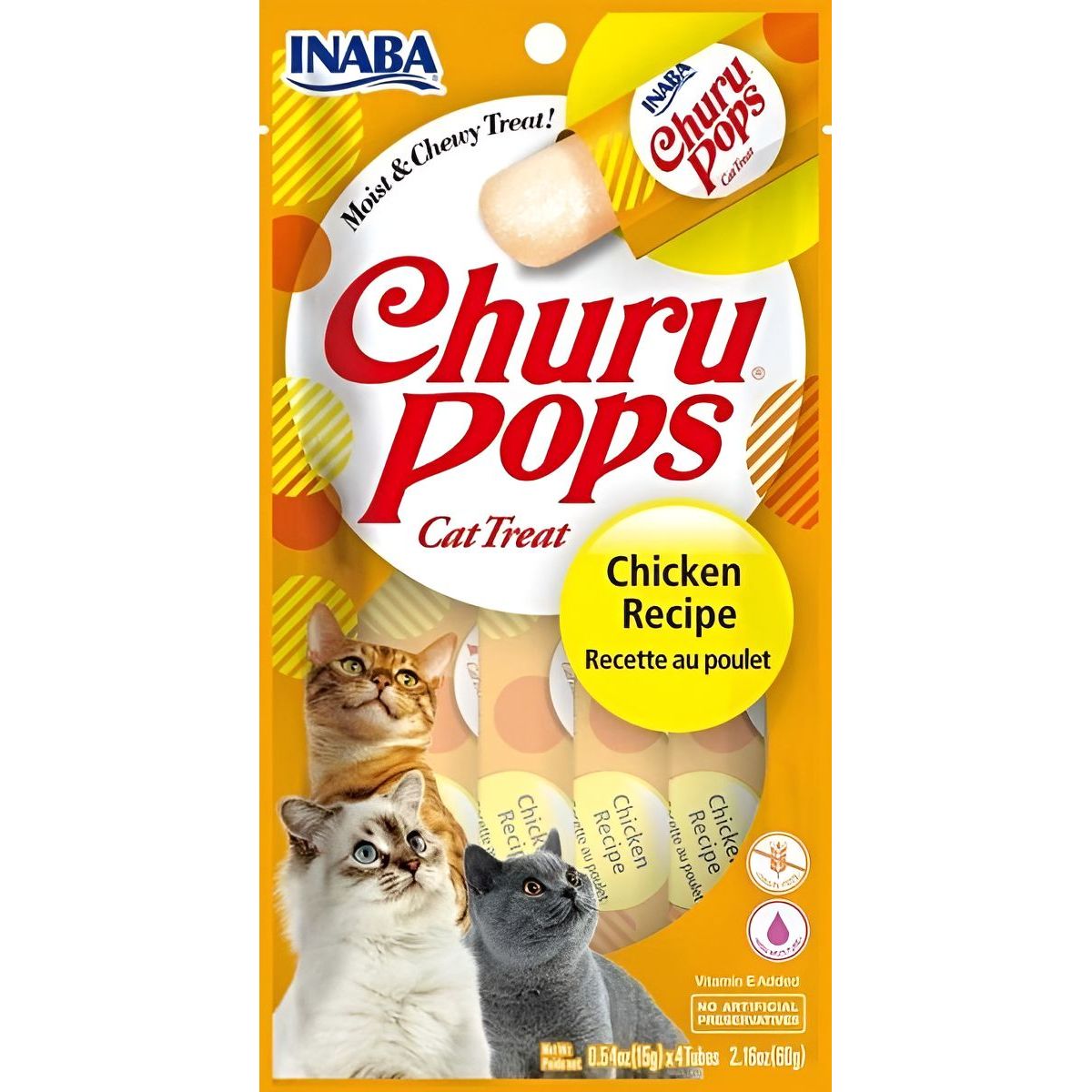 INABA - Snack Para Mascotas Gatos Churu Pops Premio 15g X4 Tubos 60g - Amarillo