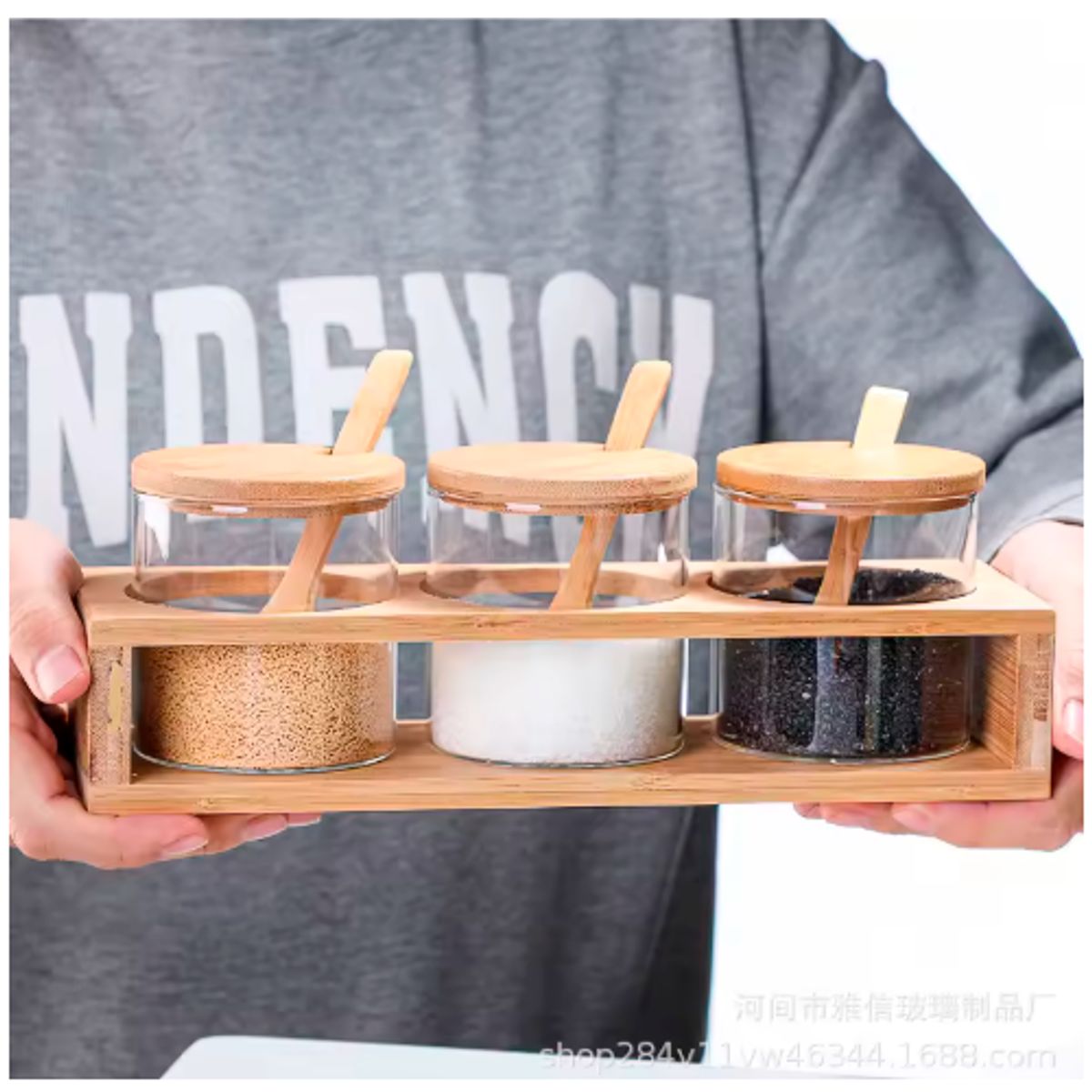 GENERICO - Frascos con Tapa de Bambu Especieros + Bandeja + Cuchara Madera