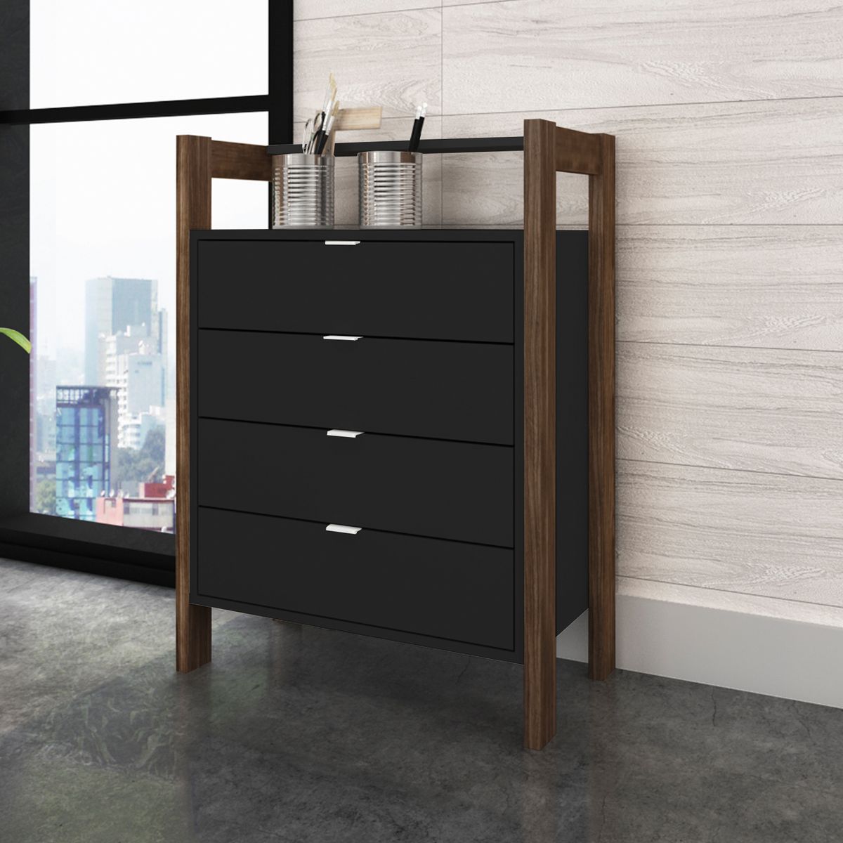 TECNOMOBILI - Mueble Cajonera 4 cajones Negro /Nogal