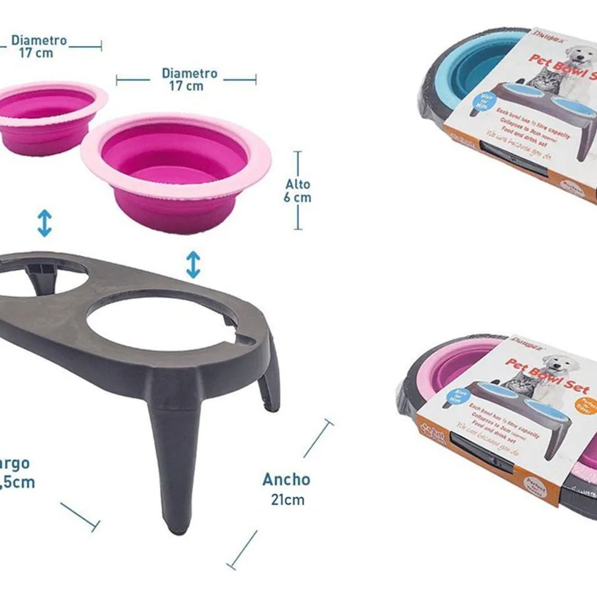 GENERICO - Plato Doble Mascota Plástico Y Silicona Para Perro Y Gato - Turquesa
