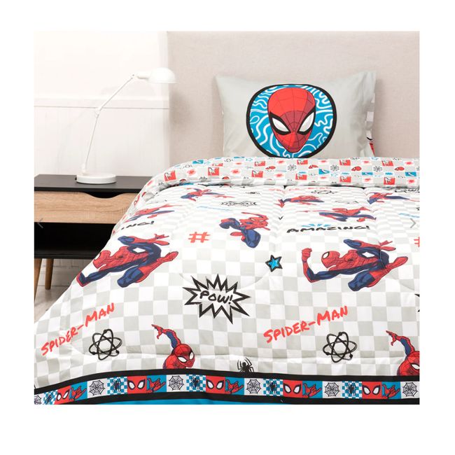 MASHINI - Plumón Cubrecama Reversible 1.5 Plaza Diseño Spiderman letras