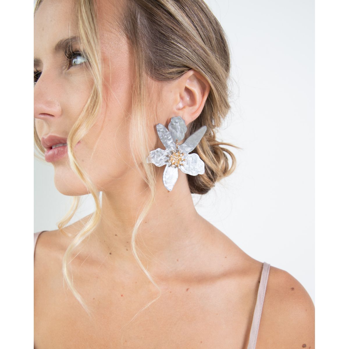 MI PLACARD - Aros Maxi Flor y Brillos Plateado