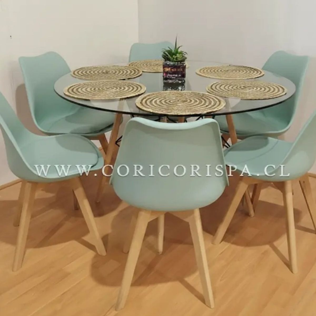 CORI CORI - Juego de Comedor Mesa Eames Vidrio 120cm + 6 Sillas Tulip
