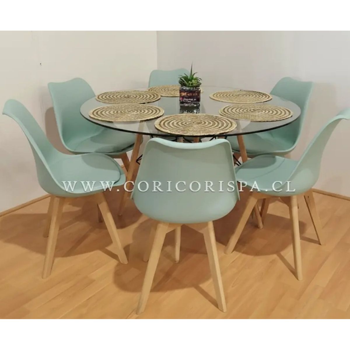CORI CORI - Juego de Comedor Mesa Eames Vidrio 120cm + 6 Sillas Tulip