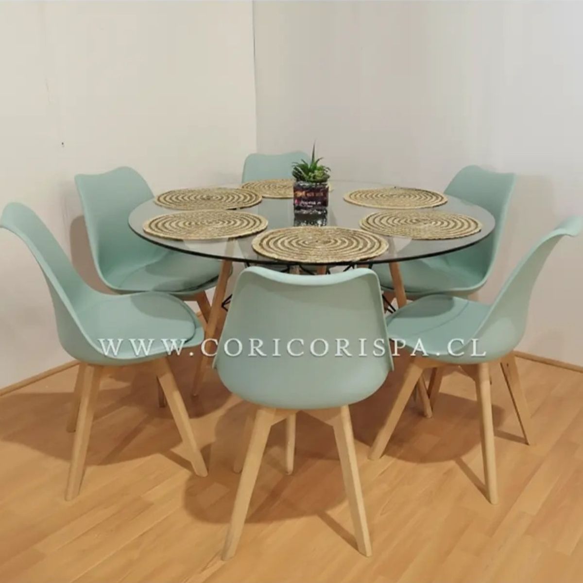 CORI CORI - Juego de Comedor Mesa Eames Vidrio 120cm + 6 Sillas Tulip