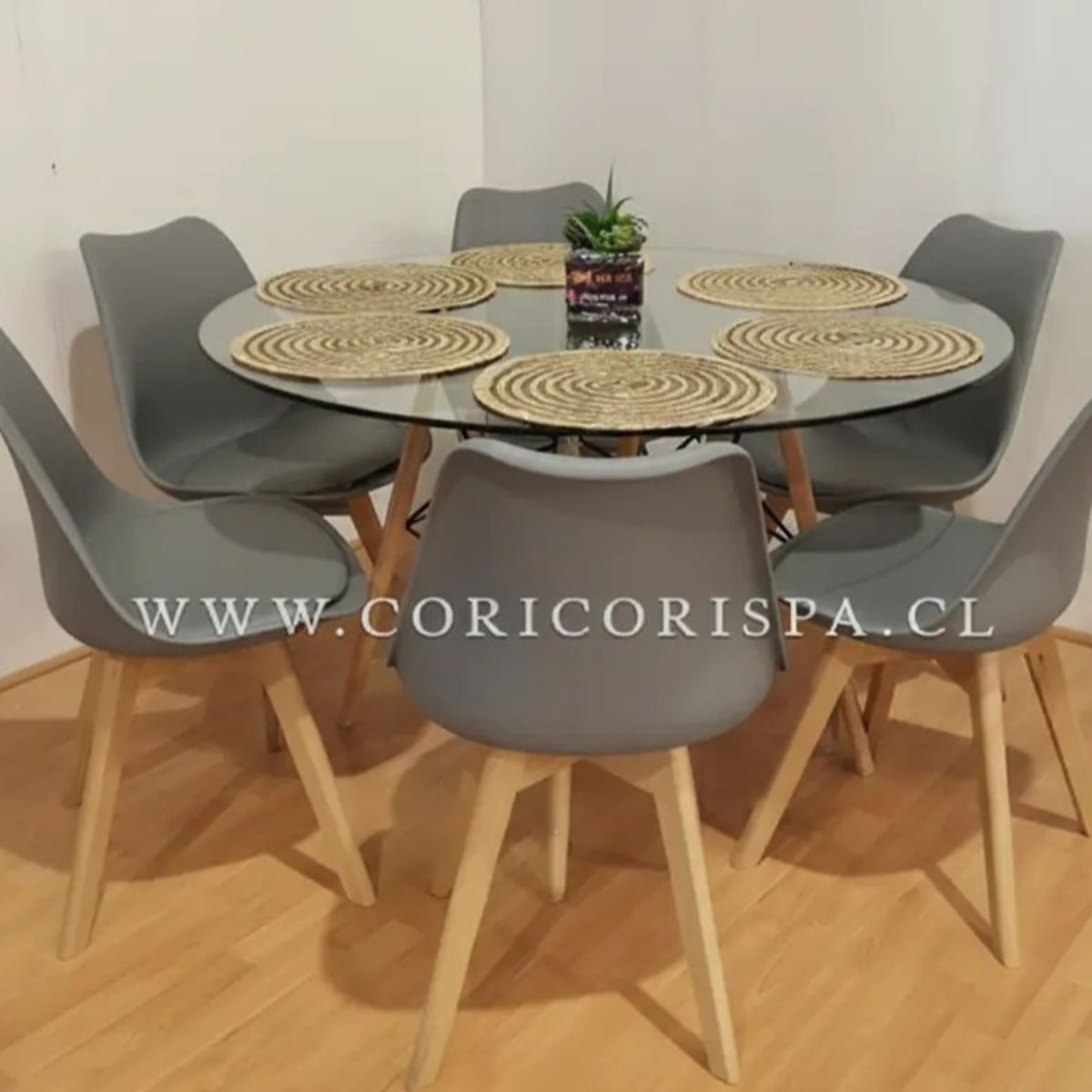 CORI CORI - Juego de Comedor Mesa Eames Vidrio 120cm + 6 Sillas Tulip