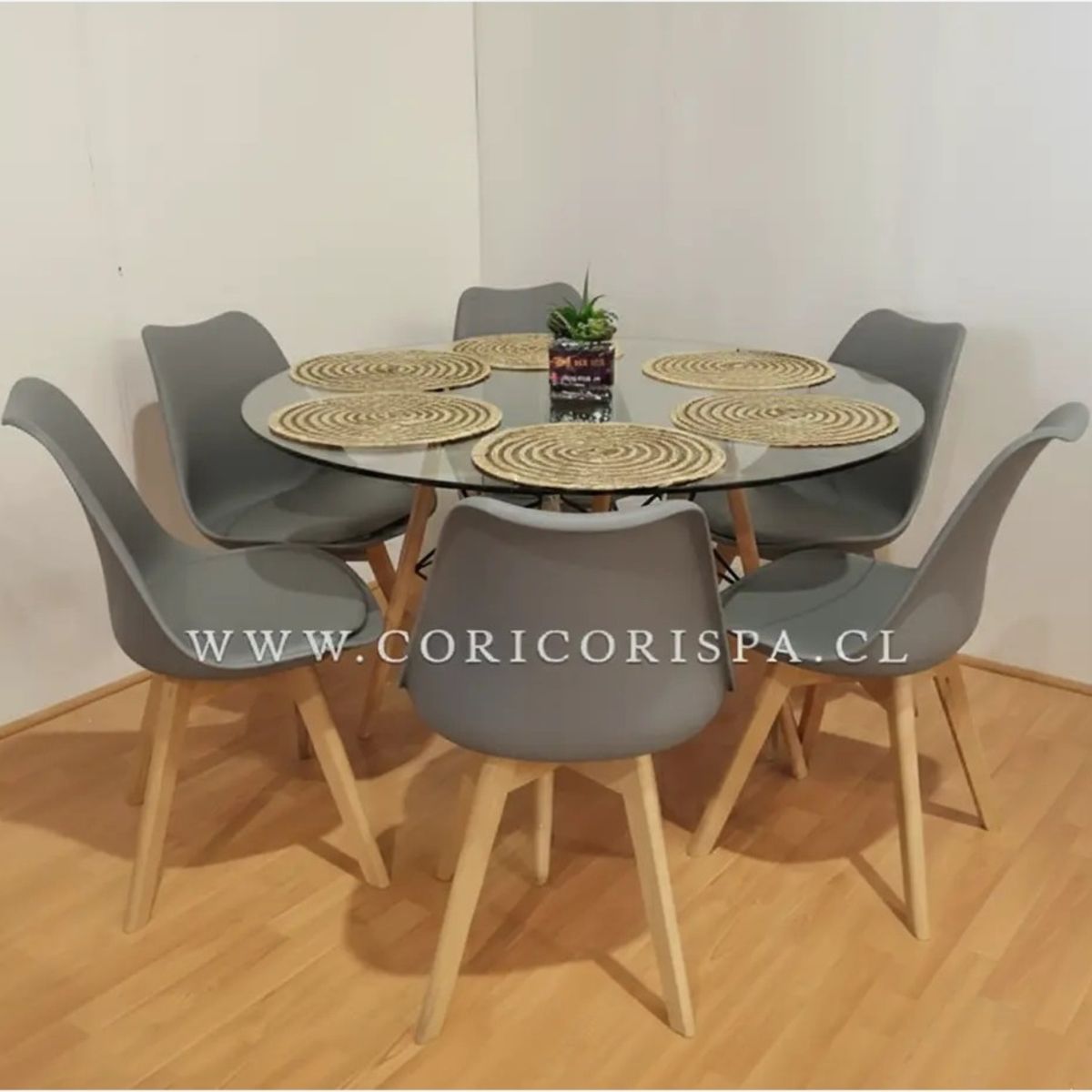 CORI CORI - Juego de Comedor Mesa Eames Vidrio 120cm + 6 Sillas Tulip