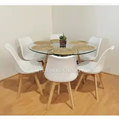 CORI CORI - Juego de Comedor Mesa Eames Vidrio 120cm + 6 Sillas Tulip