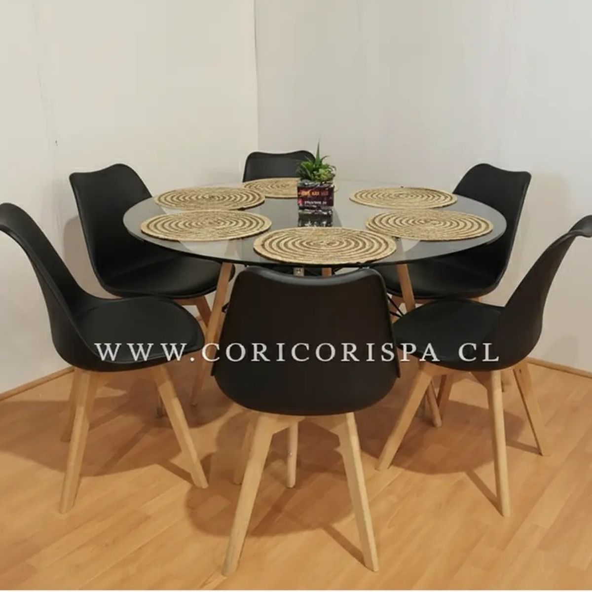 CORI CORI - Juego de Comedor Mesa Eames Vidrio 120cm + 6 Sillas Tulip
