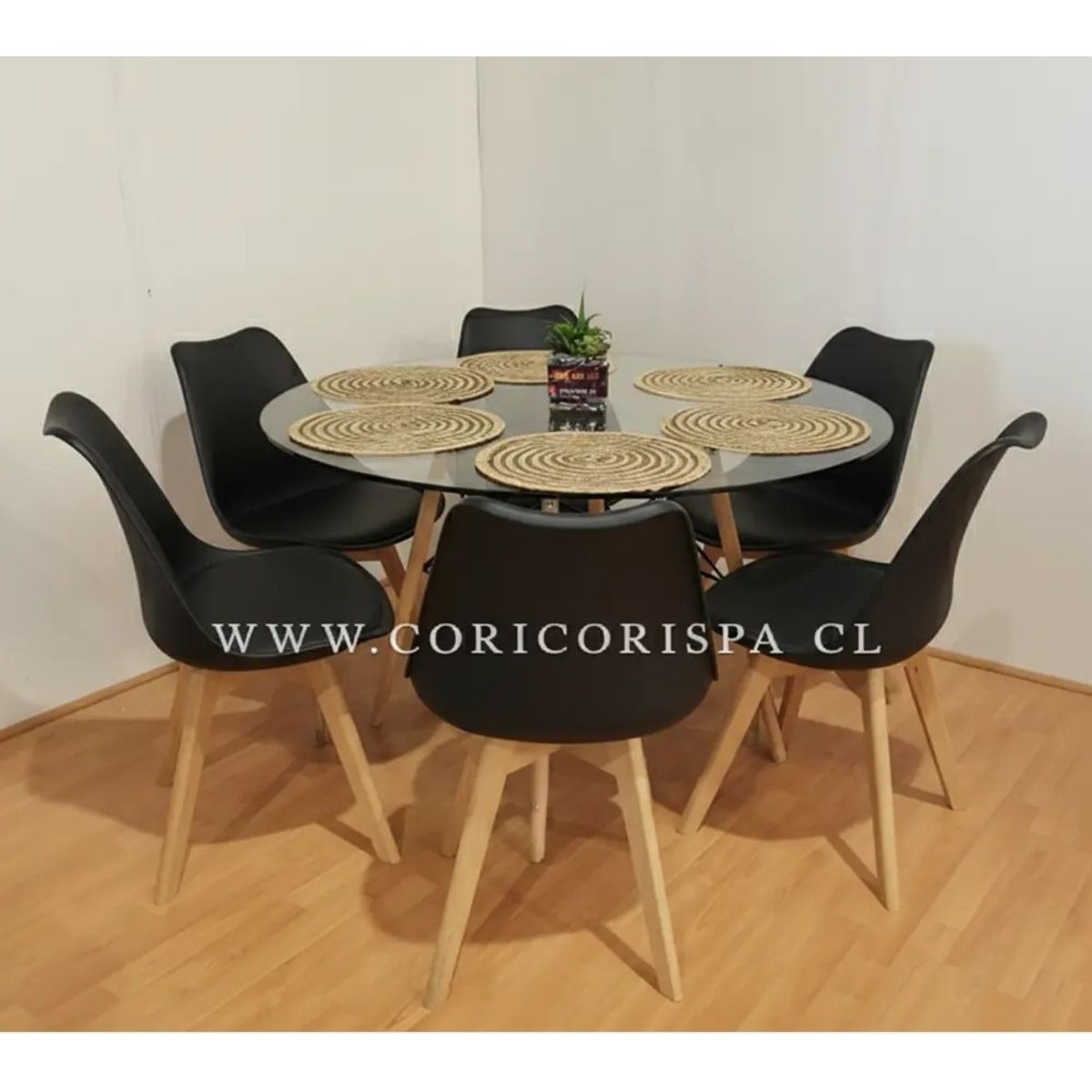 CORI CORI - Juego de Comedor Mesa Eames Vidrio 120cm + 6 Sillas Tulip