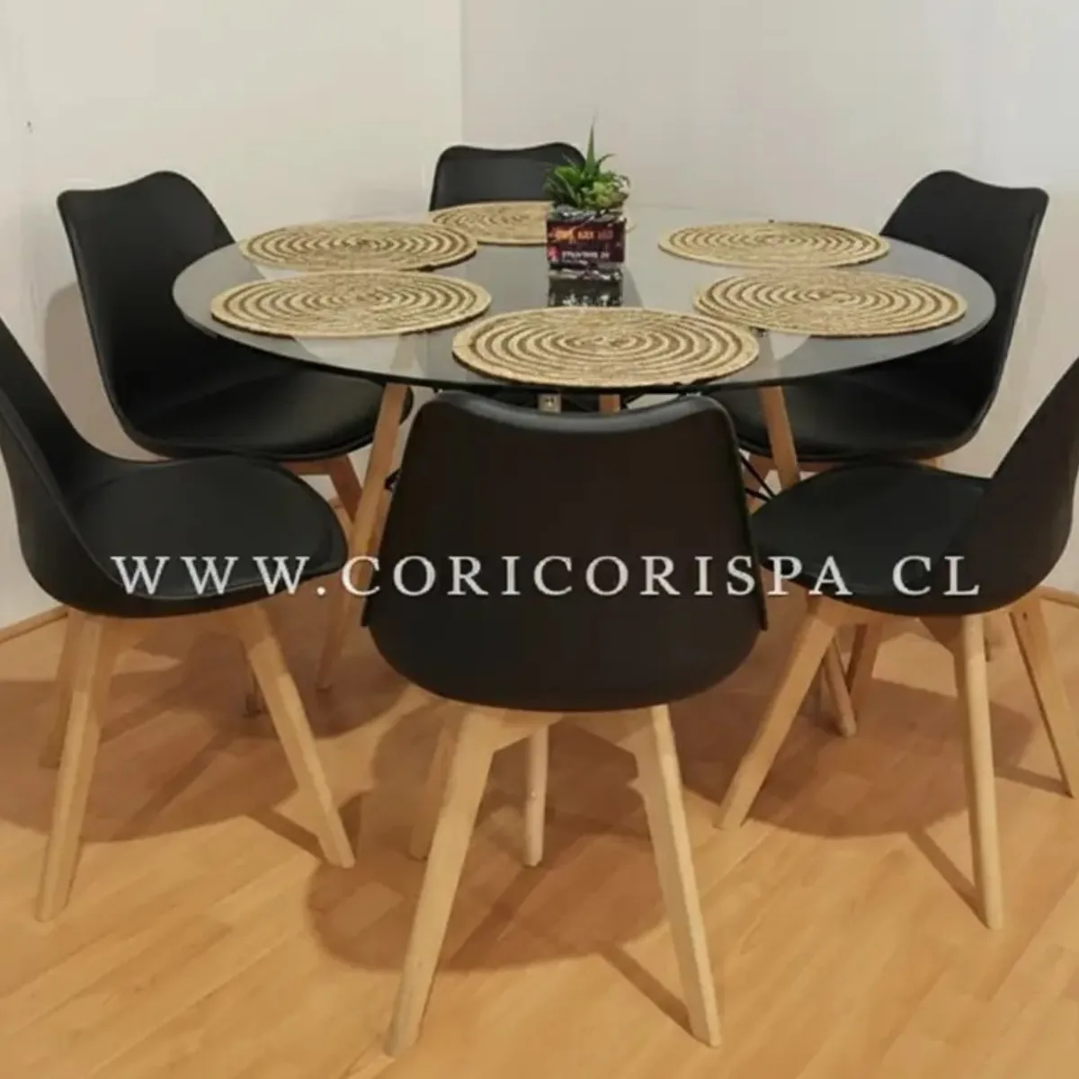 CORI CORI - Juego de Comedor Mesa Eames Vidrio 120cm + 6 Sillas Tulip