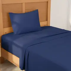 MASHINI - Sábana 144 Hilos Lisa Indigo Algodón Poliéster 1,5 Plazas