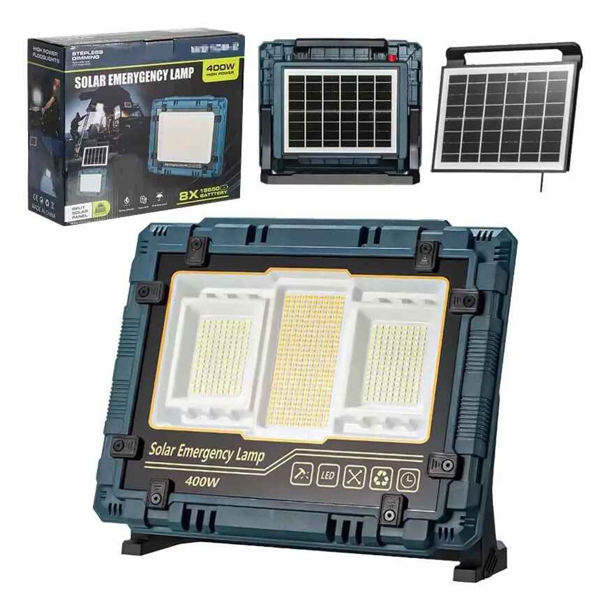 TASBEL - Foco Led Reflector Recargable Con Panel Solar 400w Blanco Frío