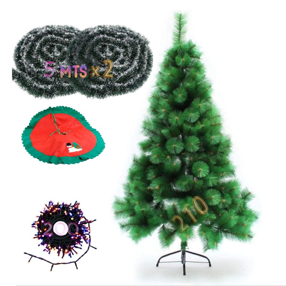 GENERICO - Set Arbol Navidad Pino 210cm Guirnaldas + Alfombra + Luces
