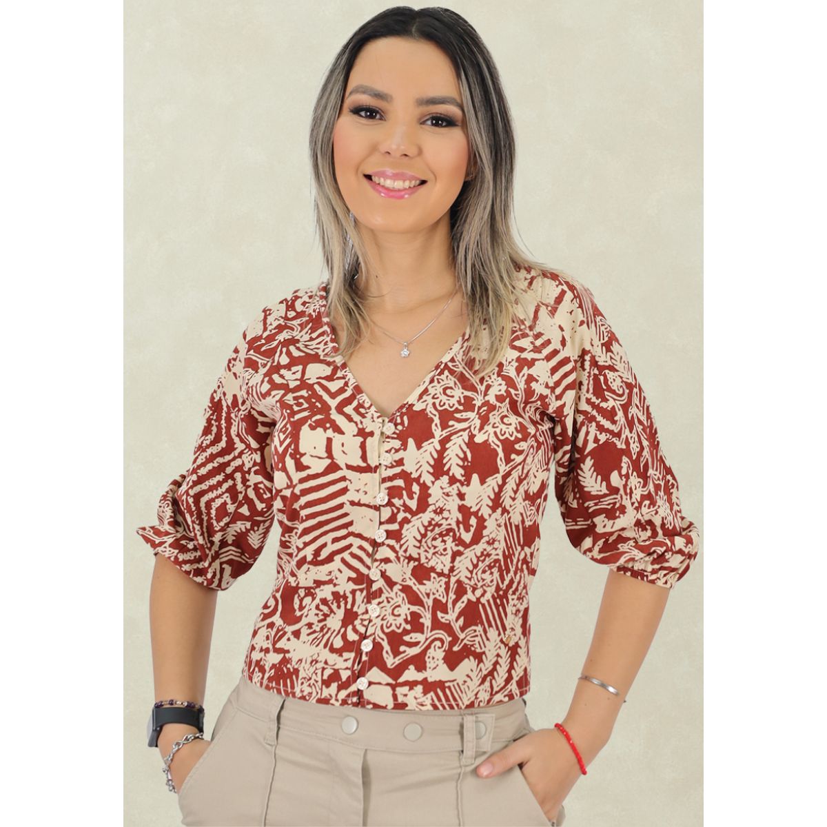 TENTATION - Blusa Manga 3/4 Estampada  Ladrillo Tentation