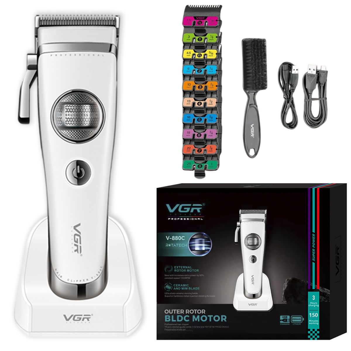 VGR VOYAGER - Máquina Cortar Pelo VGR880C Cerámica Motor Rotatech Blanco