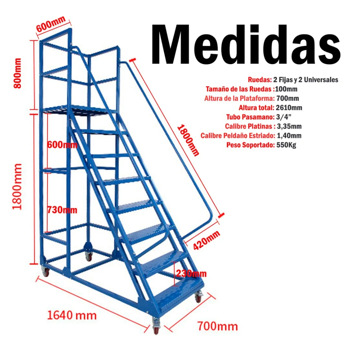 HOMEBRANDT - Escalera Industrial Tipo Avion De 7 Peldaños De 1.85 m 550kg
